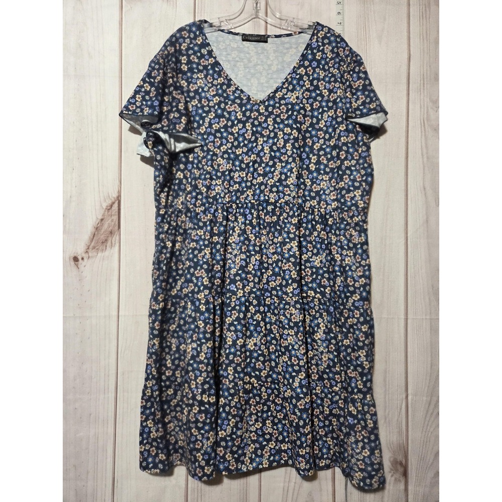Celkuser Dress Womens 22 Plus Blue Floral V Neck Short Sleeve Pockets‎ Midi